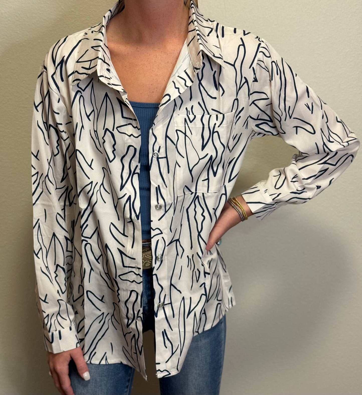Printed Front Pocket Button Down