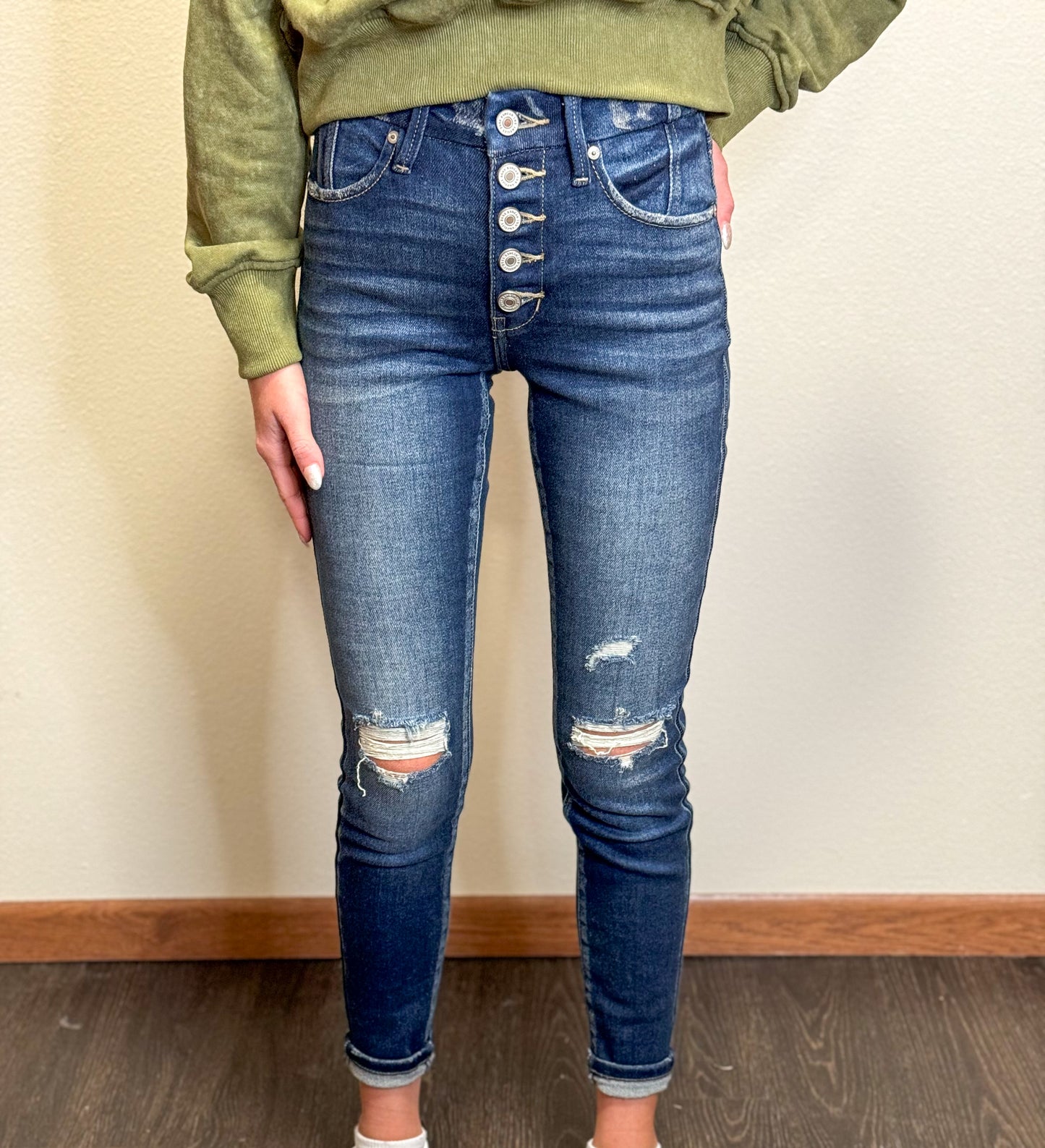 Button High Rise Skinny Jeans