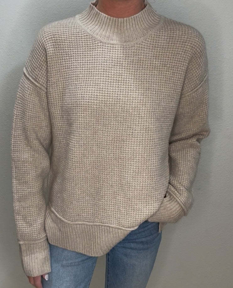 Waffle Knit High Neck Sweater