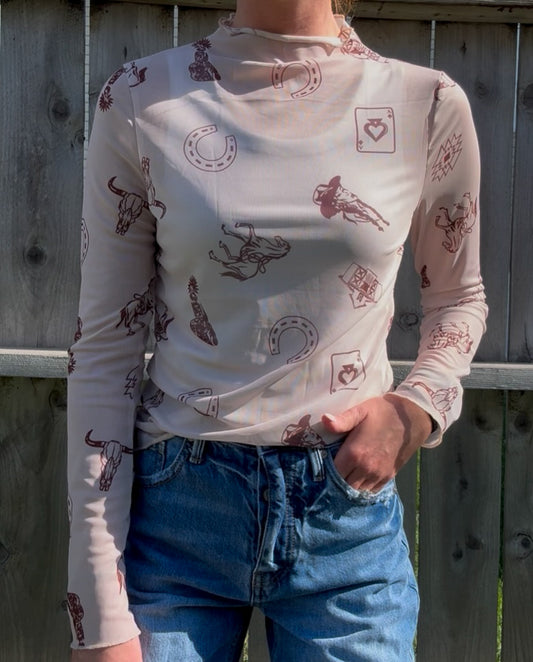 Western Print Mesh Top