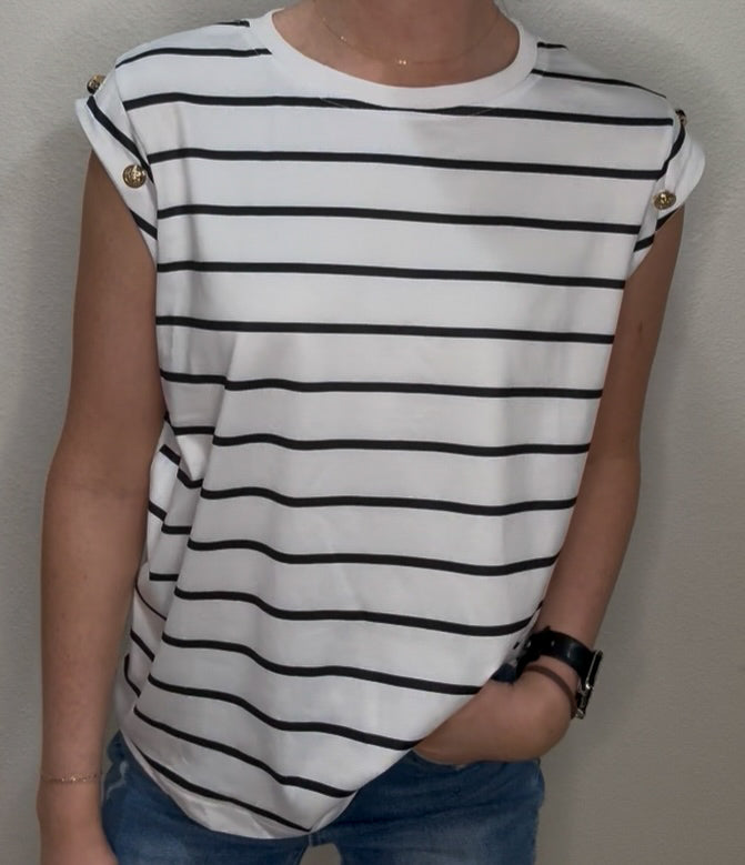 Detailed Sleeveless Striped Tee